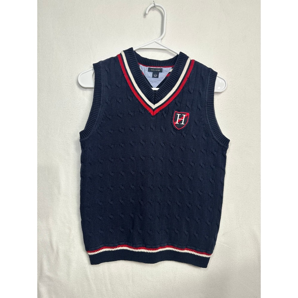 Tommy Hilfiger Boys Navy Cable Knit V-Neck Sweater Vest Striped Trim Sz L 16-18